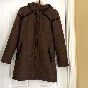 Prana X-small mid-thigh brown winter coat.